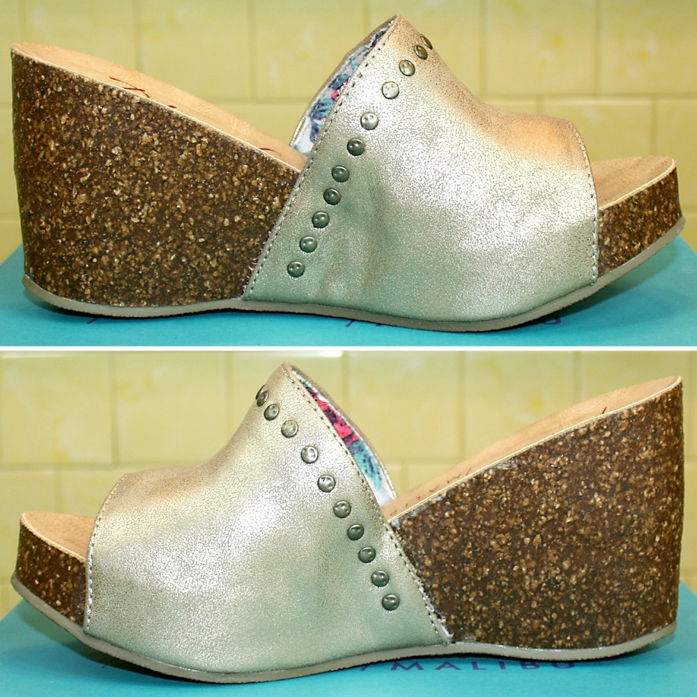Studded Metallic Vegan Leather Wedge Sandal NIB - Picture 2 of 8